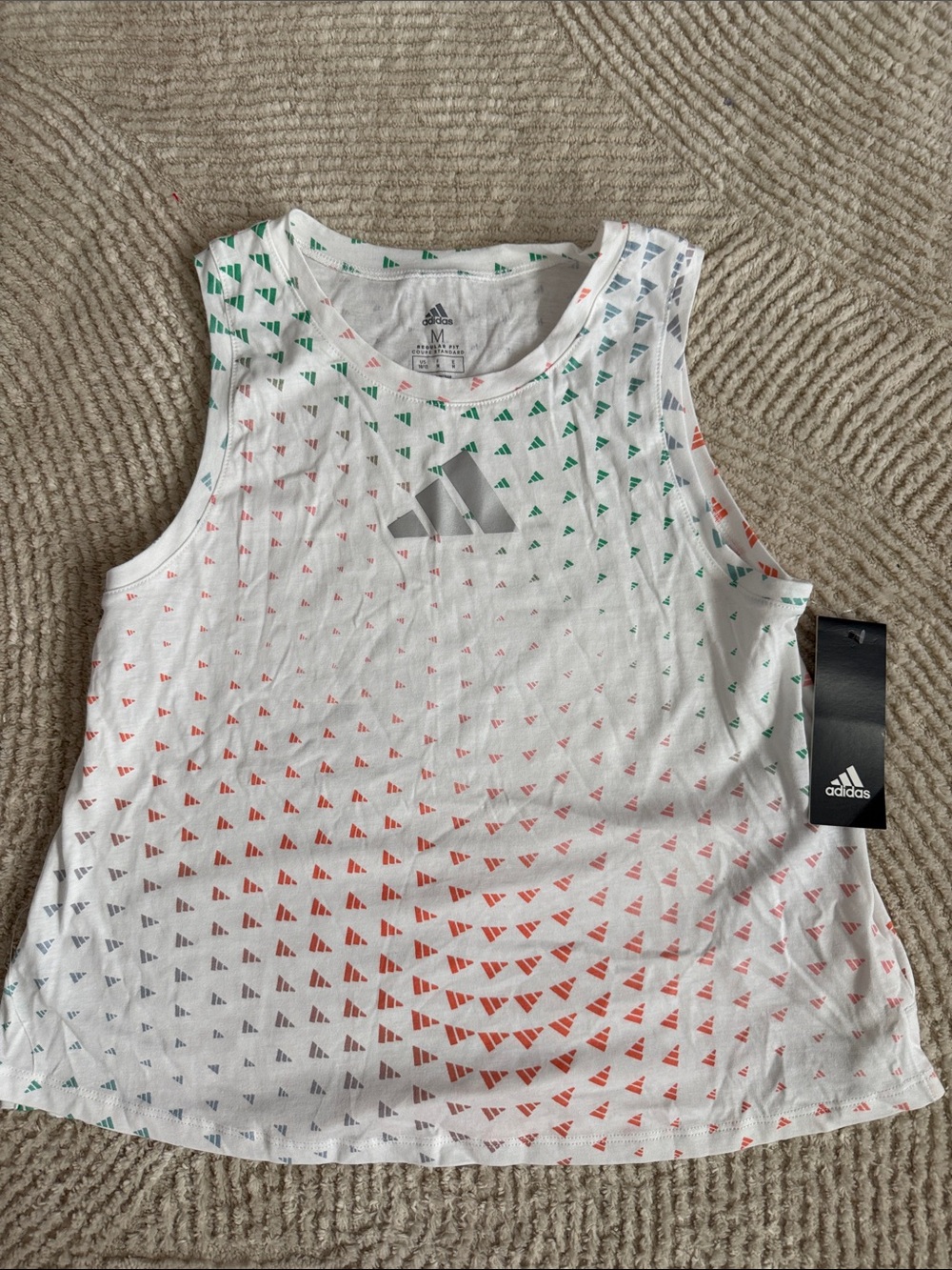adidas White Tank Top with Green and Orange Triangle Print